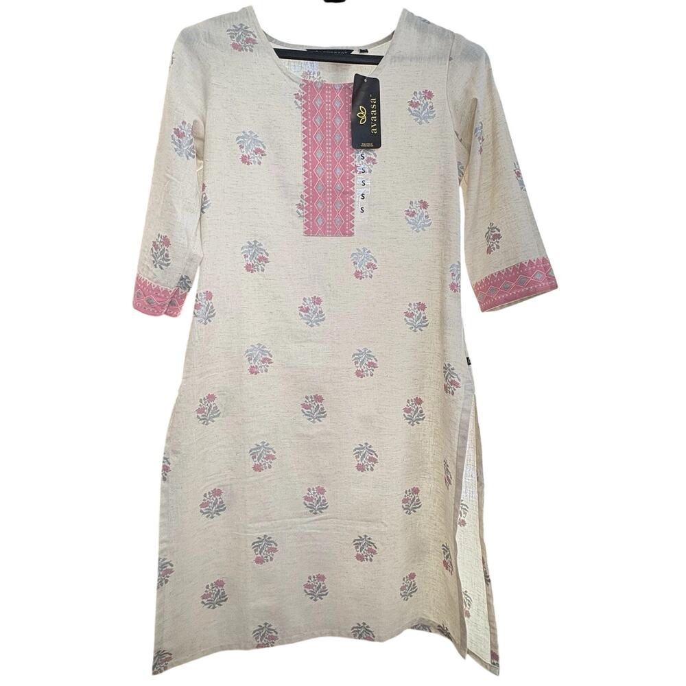 NWT Avaasa Indian Women Beige Cotton Linen Floral Kurta Kurti Top Tunic Dress  S
